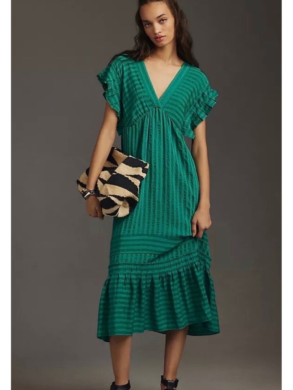 Anthropologie Green Striped Midi Dress with Ruffle Sleeves, Size Large